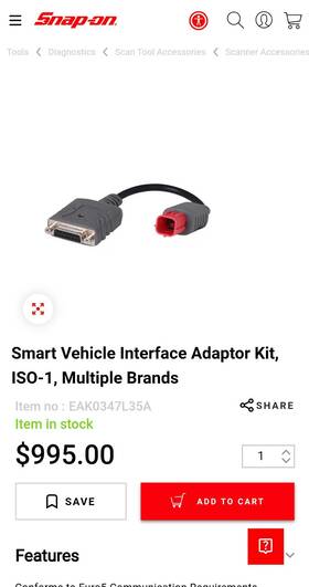 Eak0347l35a Snap-on Smart Vehicle Interface Adaptor Kit Iso-1 Multiple Brandsitem No-